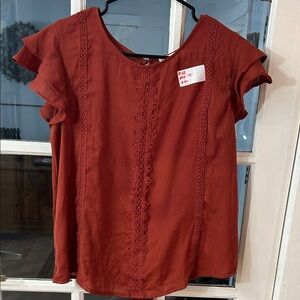 mine Brick Red Lace-Trim Flutter Sleeve Blouse